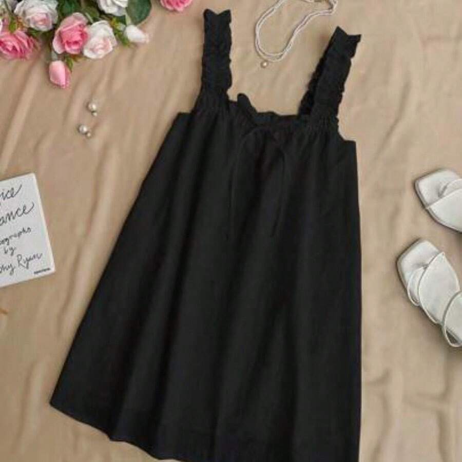 Vacation Style Simple Frill Strap Solid Color Collared A-Line Mini Dress, Summer - Negro - Ver 1