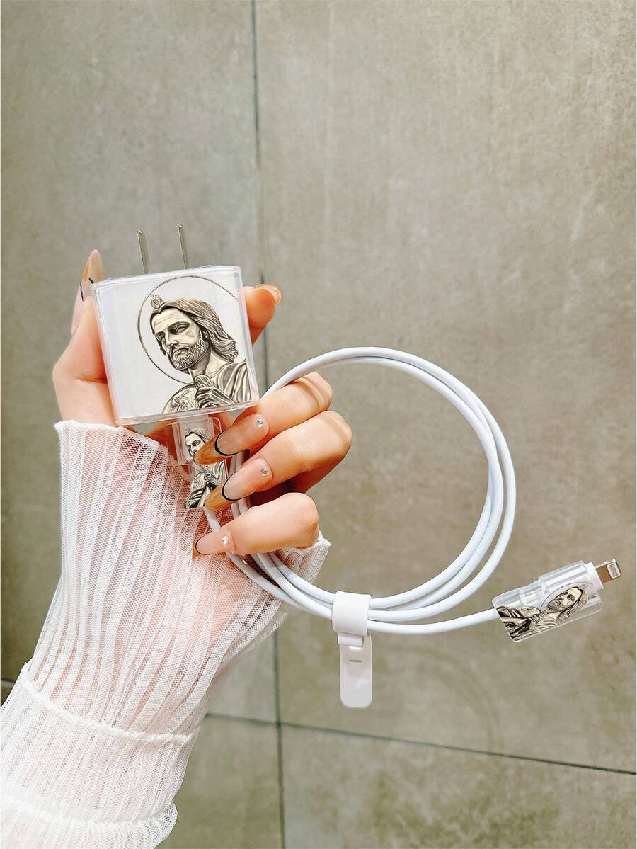 4件套耶稣主题充电适配器保护套及线缆整理器套装 - 20W/18W充电器适配器，适配器盖，兼容 11/12/13/14/15/16/13 Pro Max/16 Pro Max/17 Pro Max - 彩色 - 查看 1