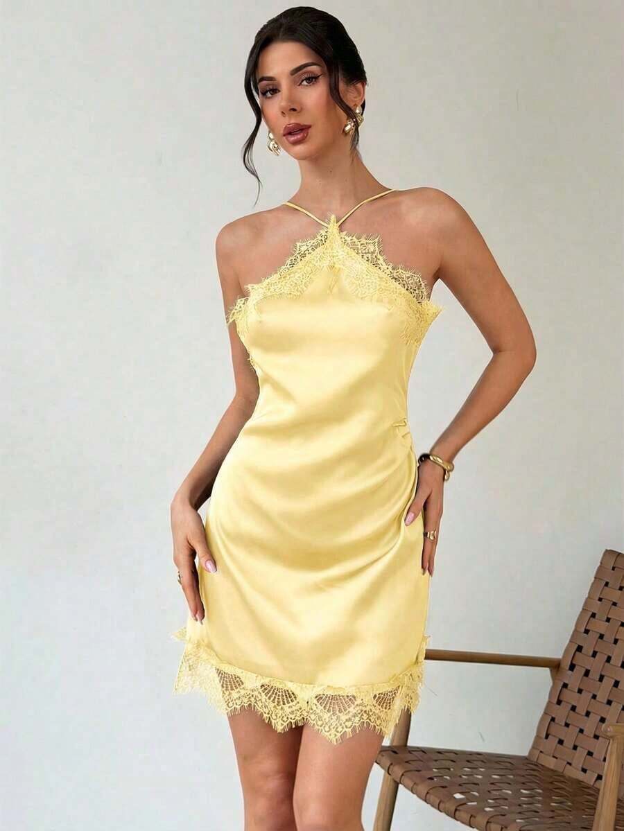 Vestido mini ajustado de satén negro con adorno de encaje, elegante y romántico para citas, festivales de música, fiestas, graduaciones, vacaciones, invitada de boda, vestido de cumpleaños - Amarillo - Ver 1