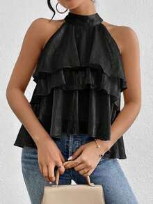 Blusa de gasa con volantes asimétricos y cuello suelto - Negro - Ver 5