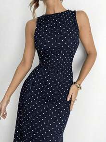 Vestido de verano con espalda abierta, tirantes y estampado de lunares sexy para mujeres - Azul marino - Ver 3
