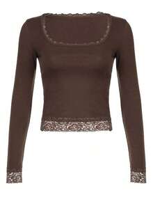 Camiseta elegante de manga larga con cuello cuadrado, unicolor y encaje contrastante para mujer, ideal para atuendos primaverales - Café integral - Ver 5