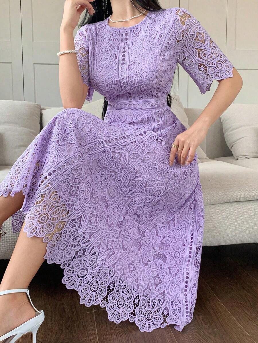 Vestido corto con adorno de encaje en las mangas, vestido mini elegante y refinado - Morado - Ver 1