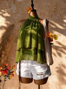 Blusa con cuello halter amarilla, blusa elegante con cuello halter, bajo con volantes en forma de A y cuello con lazo, camisa casual de oficina de color amarillo claro, blusa con cuello halter y espalda descubierta para playa y vacaciones - Verde Oliva - Ver 1