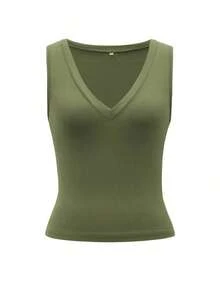 Camiseta de tirantes ajustada con escote en V profundo para mujer  top de punto de unicolor, ropa deportiva para mujer, ropa de carnaval de primavera y verano 2026, adecuada para uso diario, trabajo y casual - Verde militar - Ver 3