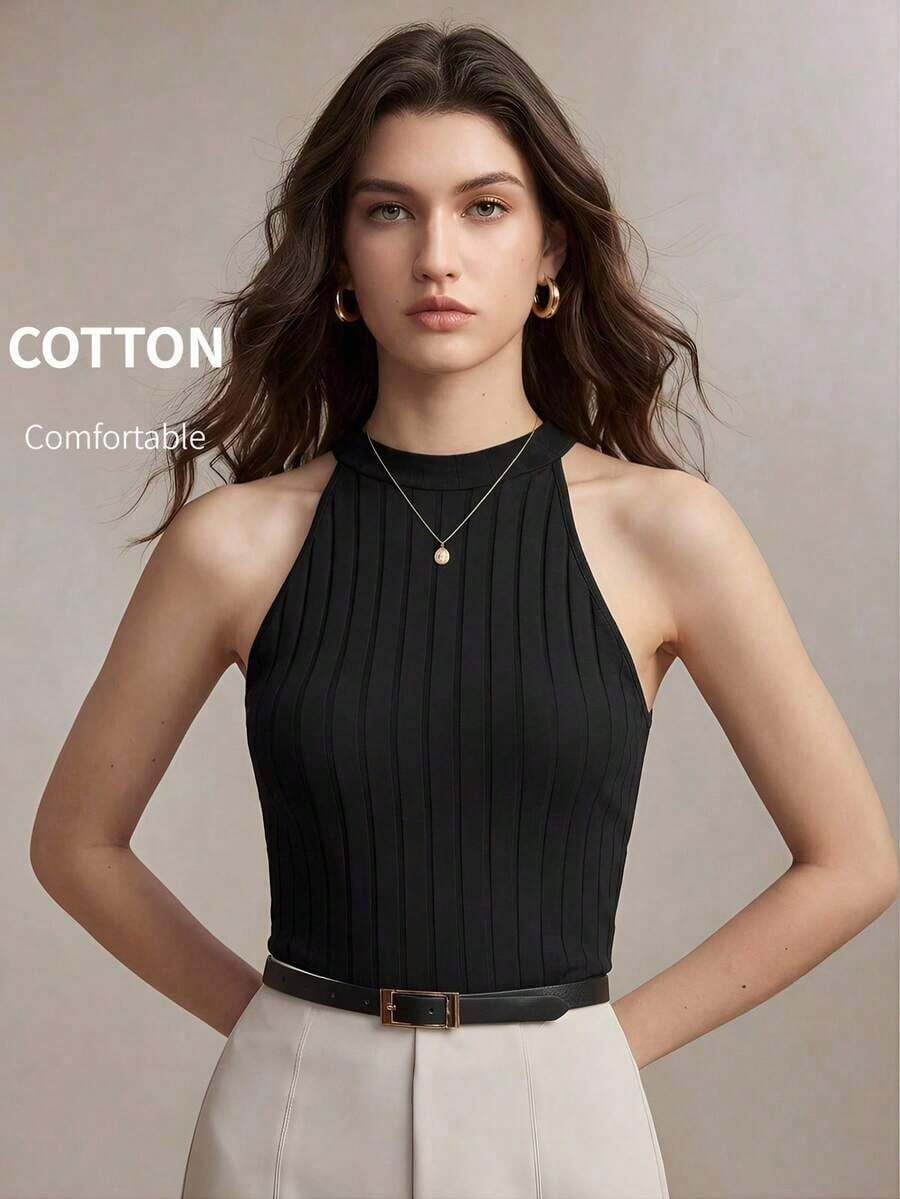 Nuevo diseño de verano/primavera para mujer, top de punto acanalado con cuello plisado sin mangas, elegante y chic para uso urbano y diario, romántico estilo retro de los 90, versátil y minimalista, adecuado para invitados de boda, anfitriones, ci - Negro - Ver 1