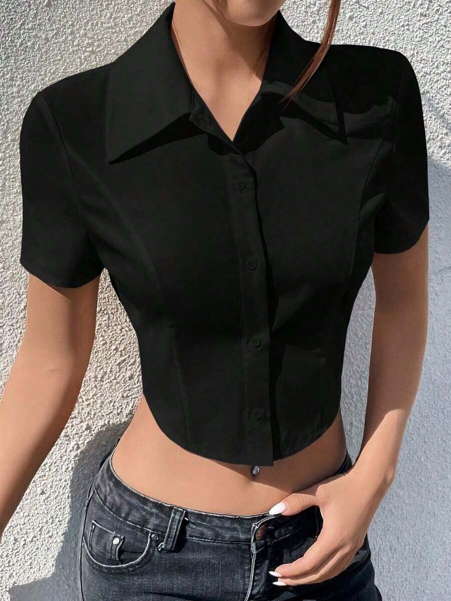 Camisa de mujer de verano con botones y tejido - Negro - Ver 1