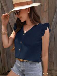 Clasi Blusa de manga abullonada de unicolor casual para vacaciones de verano - Azul marino - Ver 4