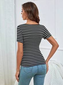 Camiseta de rayas fruncido escote corazón - Blanco y Negro - Ver 2