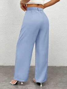 Pantalones holgados y casuales de pierna ancha con bolsillo, unicolor para mujeres - Celeste - Ver 2