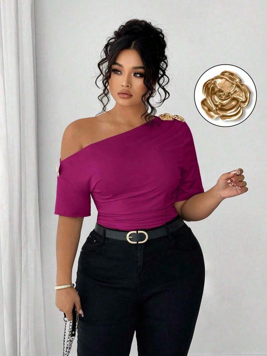 Blusa de talla grande para mujer elegante, personalizada, de moda, versátil, con un solo hombro, adecuada para uso diario - Rosa Fucsia - Ver 1