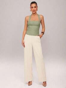 1 Top corto de unicolor con volantes para mujer, camiseta sin mangas ajustada de cuello halter de moda para oficina y transporte, color amarillo mantequilla - verde menta - Ver 5