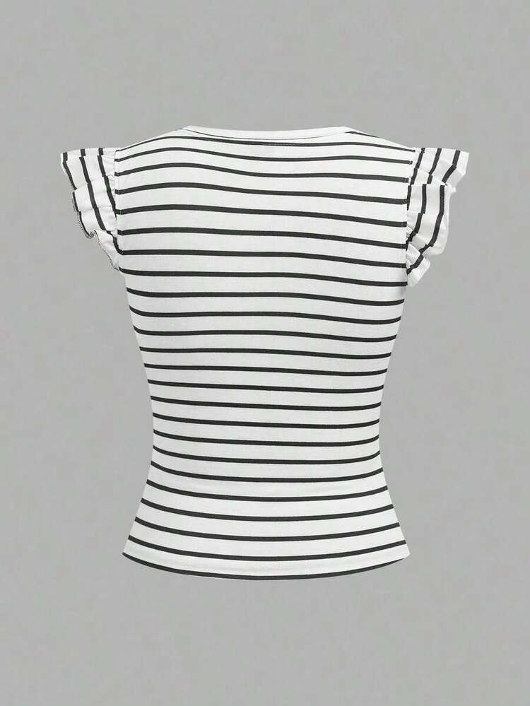 Set de 2 tops de camiseta de cuello redondo ajustados de tela acanalada en negro y rojo rosa, apropiados para verano con mangas con volantes, adecuados para salir - Multicolor 14 - Añade 7