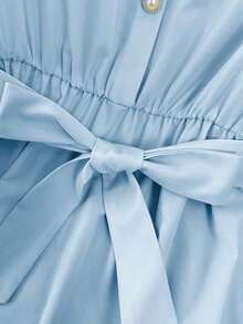 Vestido de mujer de longitud media, cómodo y suave, sin estiramiento, con cuello redondo, mangas de vuelo, cintura elástica, decoración de botones de perla, estilo francés elegante y versátil para vacaciones y viajes, color albaricoque, primavera - Lavado ligero - Ver 4