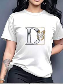 Unique T-Shirt With Butterfly And Letter Print (180g) | The Perfect Gift For Family And Friends | Festive Summer Breeze | Essential For Business Trips | Modern Design Suitable For All Occasions | Soft And Comfortable Fabric, Suitable For Everyday Wear. | Women's T-Shirt With Aesthetic Print - Vintage Urban Style, Unisex, Cotton, Short Sleeve, Crew Neck - 白色 - 查看 1