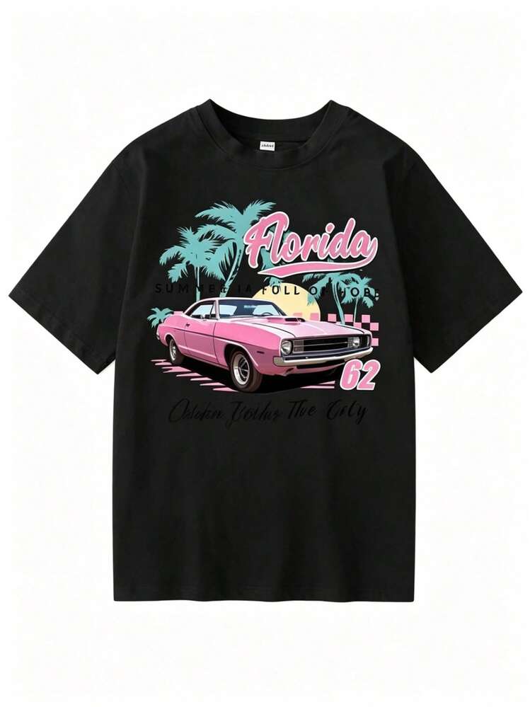 Prenda individual, no un conjunto de 3 piezas, 1 pieza/set de camisetas de manga adecuadas para ropa urbana, Top oversize de cuello redondo para salidas diarias, camping, conciertos, eventos de hip-hop, rock y rap. Camiseta gráfica con palmeras "ALOHA Good Vibes" para mujer, camiseta oversize de manga corta con cuello redondo color crema, top casual con estampado tropical de playa para verano, vacaciones y atuendos costerinos, camiseta de cuello redondo. - Negro - Añade 2