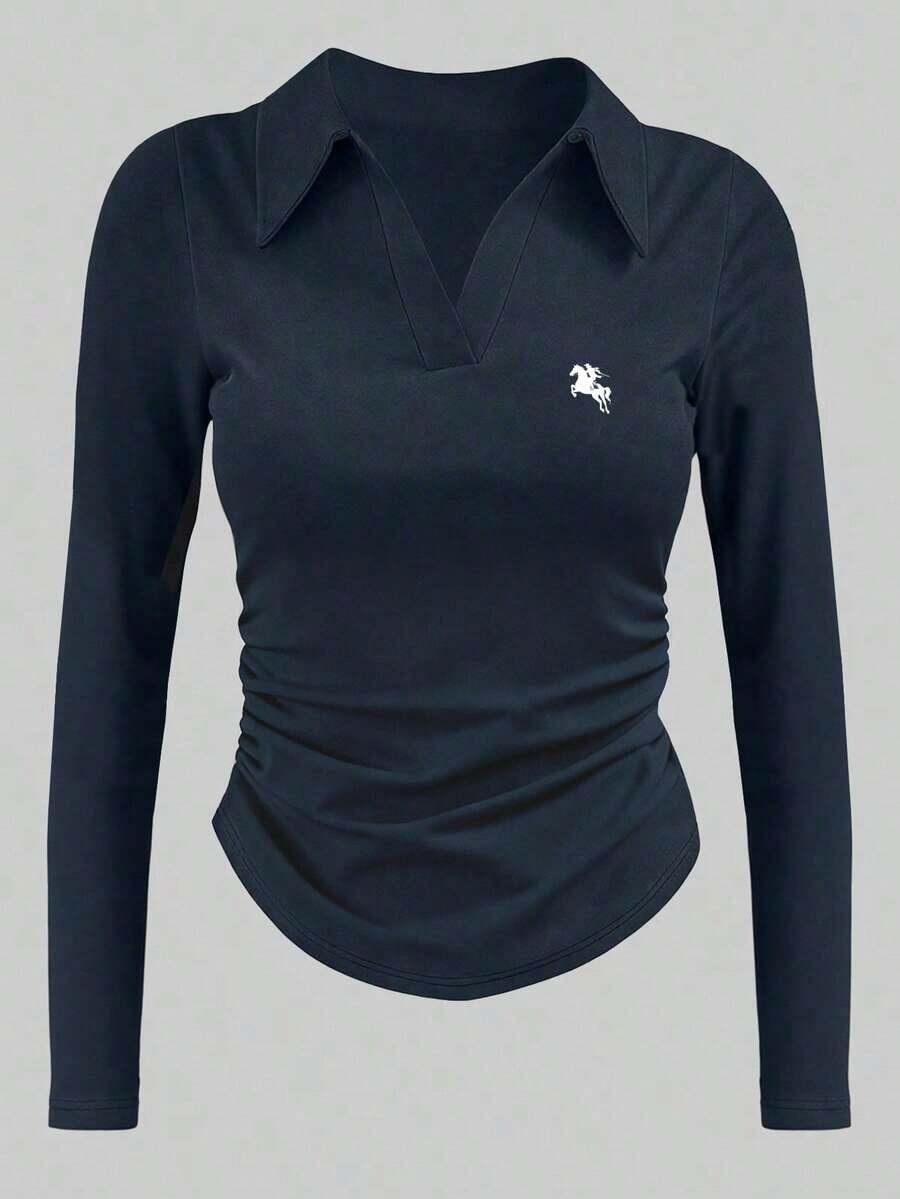 Camiseta blanca de manga larga para mujer con estampado de cerezas rojas dulces, cuello polo, cintura ajustada.Perfecta para el otoño.Nuevo estilo, camiseta de moda.Regalo para vacaciones, regalo para hermanos, regalo para hermana, regalo para mamá, regalo para el Día de la Madre.Informal, minimalista, top con estilo. - azul real 2 - Ver 1