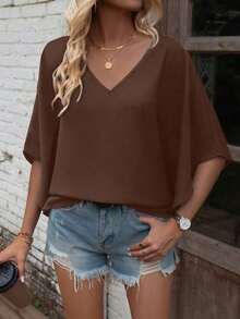 Camisa de manga corta de unicolor, cuello en V, holgada y casual para vacaciones - Marrón - Ver 8