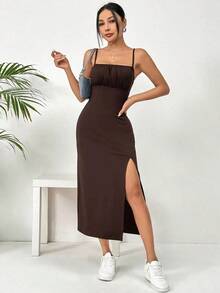 Vestido midi de leopardo con abertura lateral y tirantes - Marrón - Ver 7