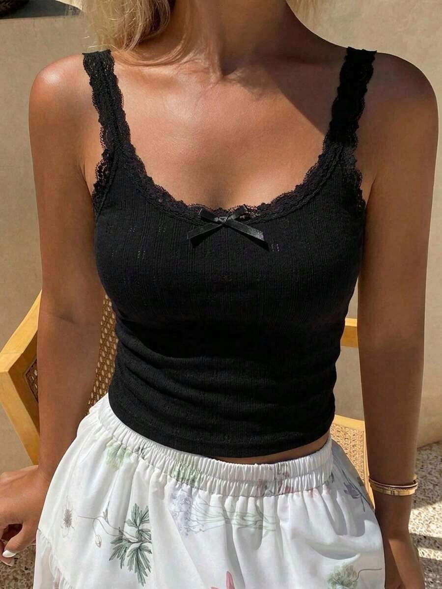 Camiseta sin mangas de mujer con encaje, parches y lazo, ajuste ceñido, casual y sexy - Negro 2 - Ver 1