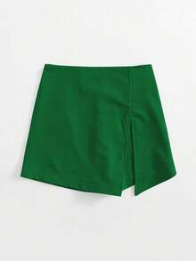 Falda corta con cintura elástica y abertura frontal - Verde - Ver 3