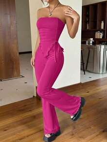 Conjunto de dos piezas con top asimétrico bandeau fruncido de unicolor y pantalones acampanados para mujer - Rosa Fucsia - Ver 6