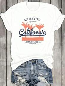 Women's 100% Cotton California Style T-Shirt With Los Angeles Design - Heavyweight 180 G/M² White T-Shirt With Golden State And LA Letter Designs, Casual Urban Style, Short Sleeve And Round Neck, Suitable For Casual Wear, Hip-Hop Style And California Themed Outfits. - 白色 - 查看 6