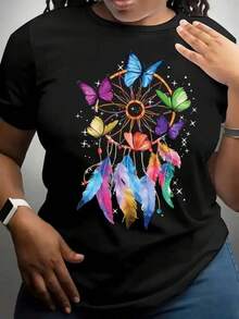 New 2026 Camiseta de manga corta con estampado colorido, blusa casual de cuello redondo, ropa de mujer para primavera y verano 1  Sexy  Casual  Dulce  Fiesta  Elegante    Alta elasticidad  Playa  Vacaciones  Boda  Oficina  Casa  Sesión de fotos  Jardín  Luna de bebe  Trajes de aeropuerto  fiesta del té  Escenario y concierto    verano - Negro - Ver 6