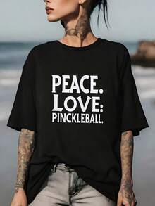 Comfortable 180g Pickleball T-Shirt With The Phrase "Peace And Love", The Perfect Gift For Family Entertainment, Team Building And Pickleball Enthusiasts. - 黑色 - 查看 1