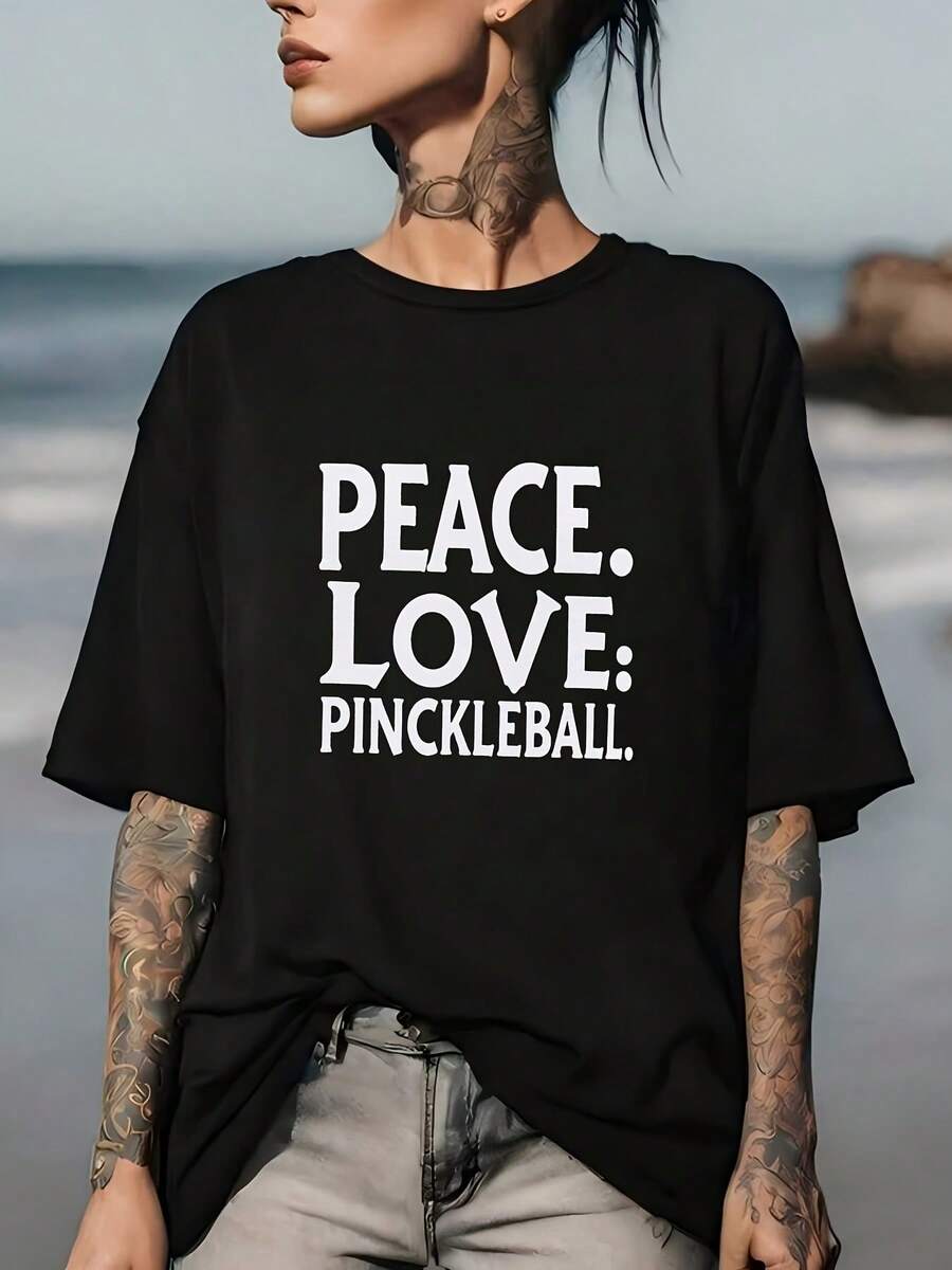 Comfortable 180g Pickleball T-Shirt With The Phrase "Peace And Love", The Perfect Gift For Family Entertainment, Team Building And Pickleball Enthusiasts. - 黑色 - 查看 1