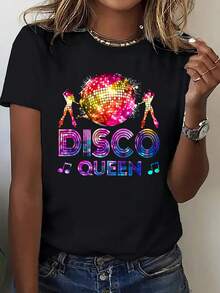 One-Piece Short-Sleeve T-Shirt, Summer Novelty - Short-Sleeve T-Shirt With Beautiful And Colorful Lantern Dance Print - Stylish Women's Clothing, Elegant Fine Short-Sleeve T-Shirt, Y2K Style, Suitable For Sports, Fitness, Daily Wear, Festive Attire, Vacation, Graduation - 黑色 - 查看 1