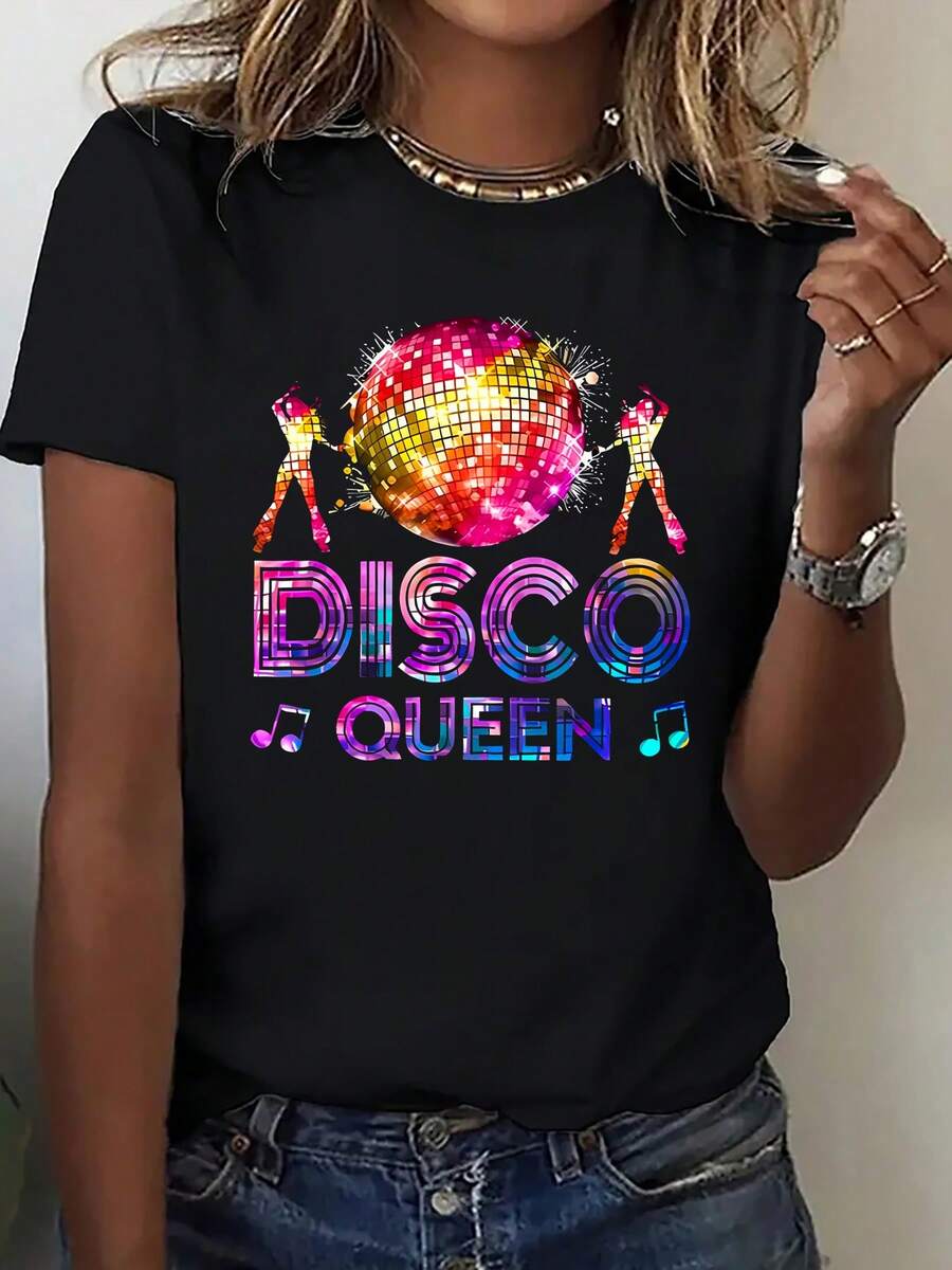 One-Piece Short-Sleeve T-Shirt, Summer Novelty - Short-Sleeve T-Shirt With Beautiful And Colorful Lantern Dance Print - Stylish Women's Clothing, Elegant Fine Short-Sleeve T-Shirt, Y2K Style, Suitable For Sports, Fitness, Daily Wear, Festive Attire, Vacation, Graduation - 黑色 - 查看 1