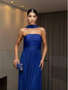 Long Dress With Cape For Wedding, Evening, Or Graduation. - Royal Blue - View 3