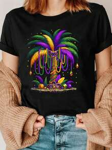 Camiseta de Mujer, Camiseta Maldivas, top casual de poliéster con cuello redondo, con estampado de máscara de dibujos animados y árbol de cuentas, estilo regular de manga corta, ligeramente elástica, adecuada para todas las estaciones - Morado, verde, amarillo. Tops para Mujer. - Negro - Ver 7