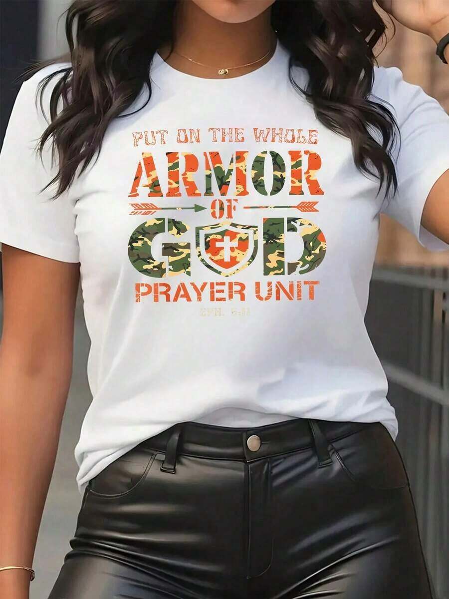 Women's Casual Camouflage Print T-Shirts, Inspired By Verses From The Book Of Ephesians About The Armor Of God. Colorful Cotton Tops For Women, Casual Sets, Short-Sleeved T-Shirts, Loose-Fitting Tops, Everyday Wear, Suitable For Spring, Summer, And Autumn. - 白色 - 查看 1