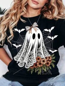 New 2026 Camiseta de Cuello Redondo para Mujer con Estampado de Letras y Dibujos Animados, Diseño Sencillo, Cómoda y Transpirable, Esencial Versátil, Ideal para el Ocio Diario, Estilo Natural y Elegante, Entrega Local Camiseta casual estampado gráfico holgada cuello redondo manga corta primavera-verano para mujer - Negro - Ver 6