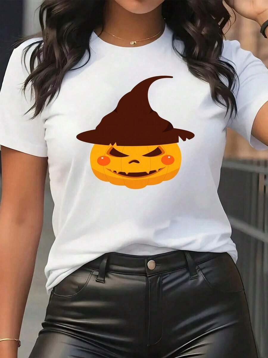 Colorful Women's Shirt, Pumpkin Print, Casual Summer Blouses For Women, Soft And Breathable Cotton Blouse, Loose Fit, Summer Clothes For Women, Streetwear, Party And Festival Outfit, Suitable For Spring, Summer And Autumn. - 白色 - 查看 1