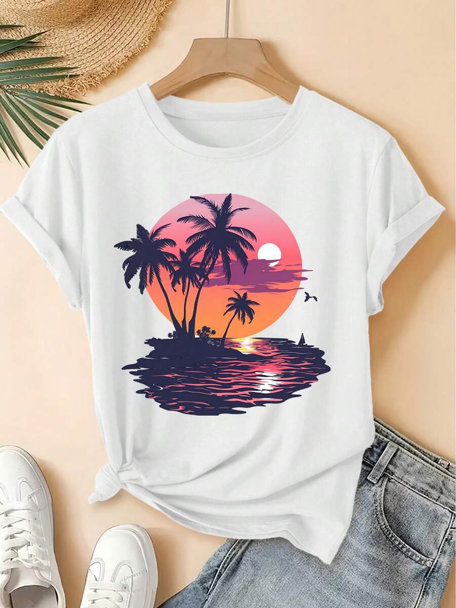 Women's Spring/Summer 2026 T-Shirt, New Style, Round Neck, Beach Sunset Palm Print, Short Sleeve, Vintage Distressed Style, Casual Sports Top, Soft Knit Fabric, High-Quality Women's Clothing. | Fun And Original Design | Fun And Rejuvenating Top - 白色 - 查看 1