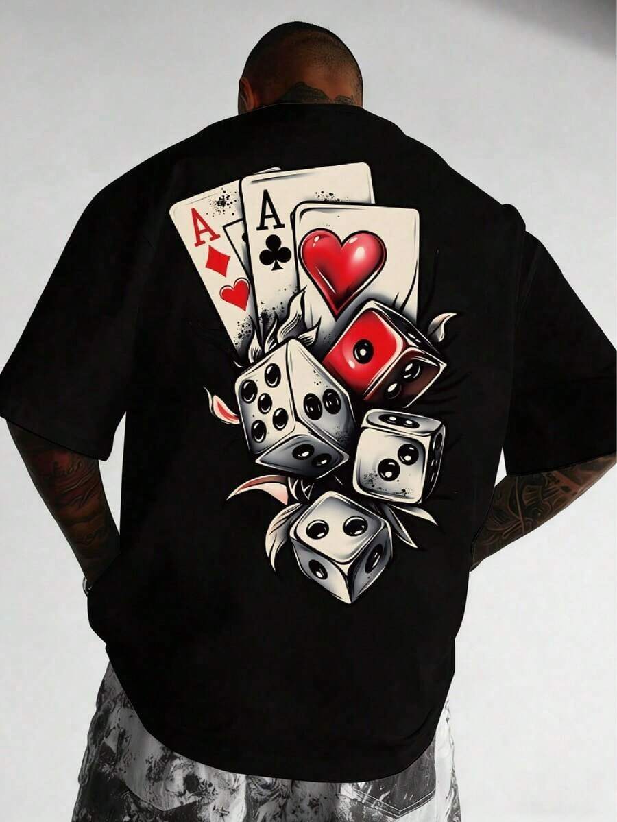 Camiseta de Moda para Hombre Talla Grande con Estampado de Póker y Dados, Cuello Redondo, Manga Corta, Estilo Casual - Negro - Ver 1