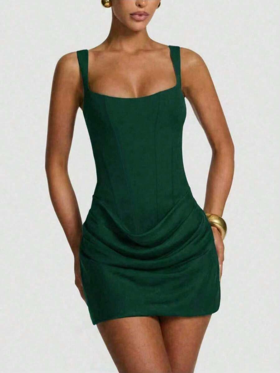 1pc Women's Solid Color Sweetheart Neck Ruched Waist Fashionable Mini Dress - 粉色 - 查看 1