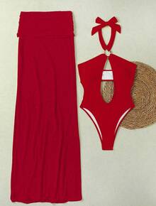 Traje de baño de una pieza de color sólido, sexy, con cuello halter y diseño calado, con falda larga, conjunto de bikini de dos piezas. - amarillo cremoso - Ver 7