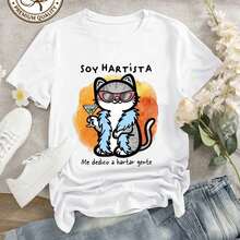 Camiseta Mujer Cuello Redondo Manga Corta Diseño Gótico Gato Sonriente Fantasía Mariposa Casual - Blanco - Ver 1