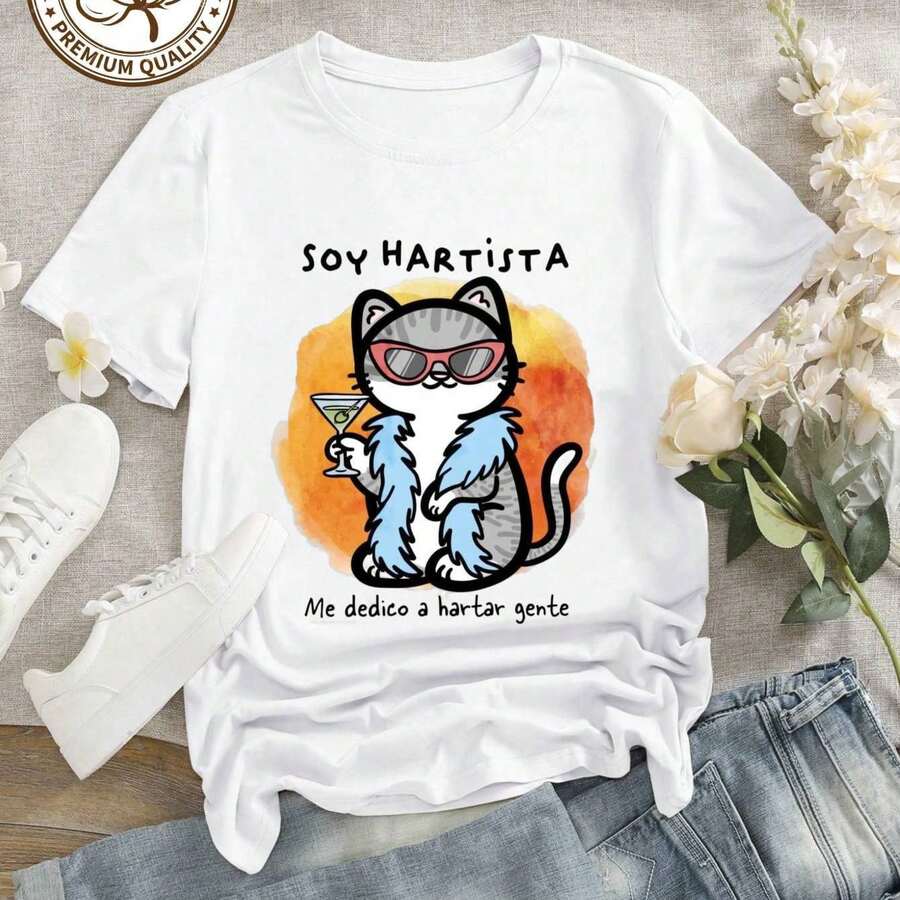 Camiseta Mujer Cuello Redondo Manga Corta Diseño Gótico Gato Sonriente Fantasía Mariposa Casual - Blanco - Ver 1