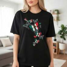 Camiseta de algodón para mujer, tallas S-5XL, con estampado de mariposa y bandera mexicana, camiseta casual de manga corta y cuello redondo, top holgado de verano, camiseta con gráfico de orgullo nacional, camiseta básica cómoda y suave para uso diario. - Negro - Ver 1
