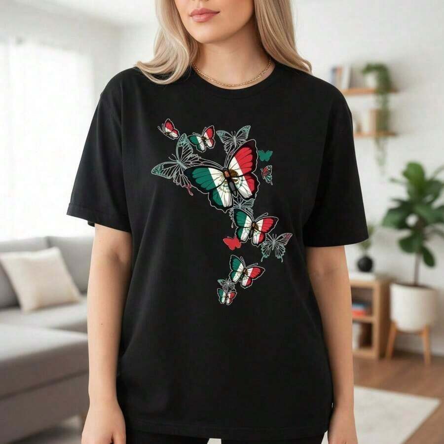 Camiseta de algodón para mujer, tallas S-5XL, con estampado de mariposa y bandera mexicana, camiseta casual de manga corta y cuello redondo, top holgado de verano, camiseta con gráfico de orgullo nacional, camiseta básica cómoda y suave para uso diario. - Negro - Ver 1