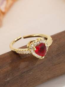 Nhẫn hở mạ vàng 18K hình trái tim đỏ và hoa hồng đính đá Cubic Zirconia, nhẫn đeo ngón tay có thể điều chỉnh kích thước, trang sức ngọt ngào lãng mạn dành cho phụ nữ. - Nhiều màu - Xem 3