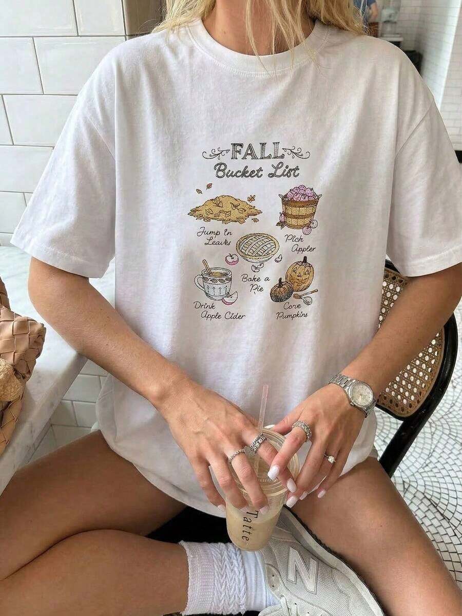 Edición Limitada: Camiseta Oversize para Mujer con Estética Y2K y Gráfico Lista de Deseos de Otoño, Camiseta Casual de Manga Corta con Cuello Redondo, Estilo Vintage Retro para la Temporada de Otoño, para Uso Diario en Otoño, Citas para tomar un café, Recolección de Manzanas, Acción de Gracias, Moda Festiva para Adolescentes, Camiseta Gráfica Holgada para Mujeres Jóvenes y Amantes del Otoño, Algodón Ligero. - Blanco - Ver 1