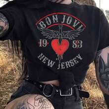 Free Shipping, Local Delivery In Mexico, Delivery In 4 Days. Women's Bon 1983 New Jersey Rock Band Graphic Logo T-Shirt, Black, Short Sleeve, Vintage Style. - 黑色 - 查看 1