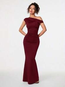 Ropa de verano, atuendos para citas diarias y viajes, atuendos de fiesta, ropa interior elegante para mujeres, atuendos para salir, vestido asimétrico con hombros caídos y cola de pez extra larga, atuendos de club para mujeres, atuendos para - Burdeos - Ver 6