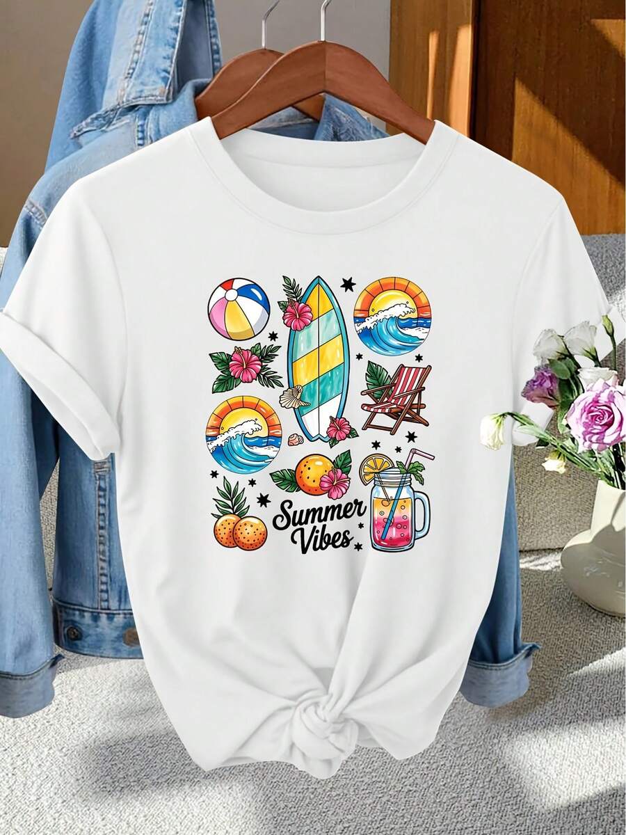 Nuevo modelo 2026,% algodón, adecuado para primavera y verano, corte holgado, ropa casual, diseño moderno, material duradero, camiseta de mujer de primavera-verano con estampado de alta calidad. Perfecta para vacaciones en la playa, viajes a la playa, campamentos de verano, ropa casual, reuniones temáticas de vacaciones, camisetas de manga corta adecuadas para el uso diario. - Blanco - Ver 1